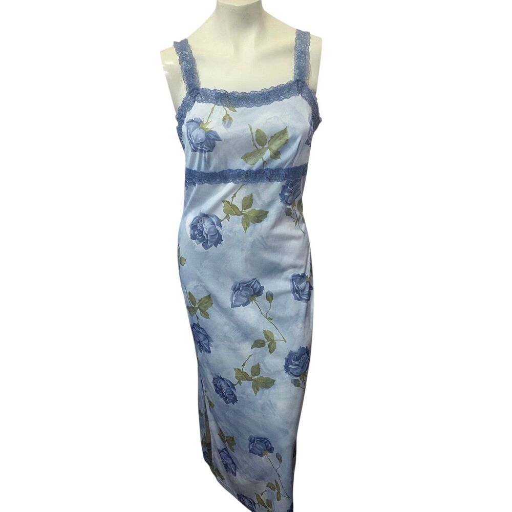 Vintage Day2Day Blue Rose Floral Lace Trim Maxi Slip Dress L Y2K Cottage